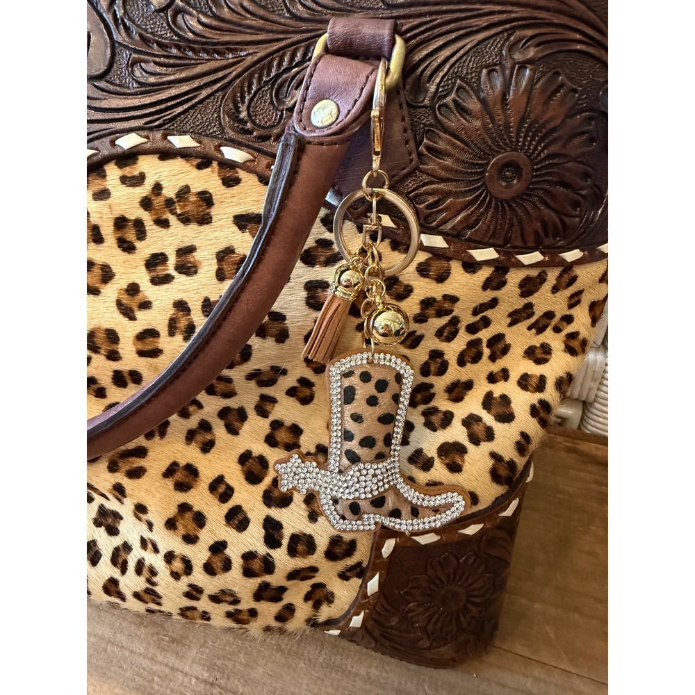 American Darling Leopard Hair on Hide Tooled Leather Western Satchel Bag Brown